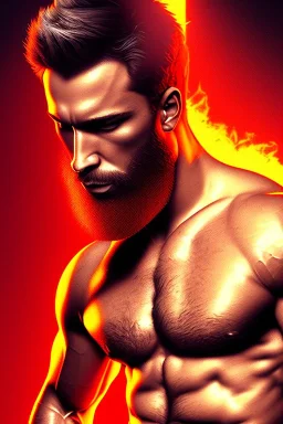 Ignore NSFW, teenager young rugged attractive slightly muscular fantastic handsome man, red briefs with yellow belt, hairy chest, (((visibly pisssing))) briefs, large erect visible boner peniss, photorealistic, artist Jay Anacleto, soft lighting, scruffy beard