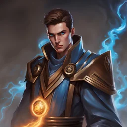 Young male Psyker, glowing veins, blue eyes, swirling with energy, powerful, technology, no helmet, robes, 19 year old, short brown hair, scrawny, portrait, warhammer 40k, veiny face