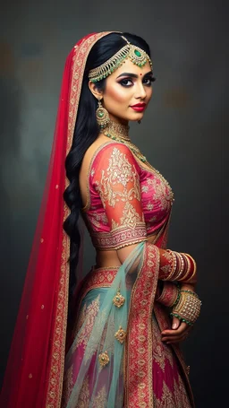 A stunning Indian bride, tall and slim with athletic grace, adorned in intricate bridal makeup and a designer bridal lehenga. Her extremely long hair cascades down her back, adding to her ethereal beauty. The image, whether a photograph or a painting, radiates with vibrant colors and intricate detailing. Every aspect of the bride's appearance is meticulously crafted, showcasing the epitome of elegance and sophistication. The high quality of the image captures every nuance of the bride's beauty,