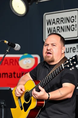 a very immature adult man playing music, cartman south park, sign in background that says "Warning!" "immature"