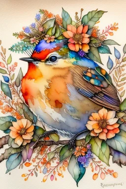 This enchanting, extremely detailed watercolor features a 3/4 closeup portrait of a vibrant Robin, adorned with flowers and a foliage crown, setting on a branch against a heavily textured beige background. nature and whimsy in a botanical style. The piece boasts warm orange and cool blue hues. .