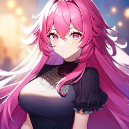 girl, masterpiece, best quality, volumetric lighting, detailed outfit, perfect eyes, dark pink hair, pink eyes, messy hair, long hair,