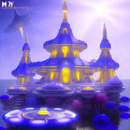 landscape of aztecan celestial blue temple ambient beutiful villa white gold and neon lights bright and blue bright gloss effect of a futuristic house,like spaceship, natural round shapes concept, large transparent view of the open outdoor garden,sea beach,blue sky , gold crystals,with light blue, flowers of Lotus, beutiful pools, light of sun , palmiers,cerisiers en fleurs, wisteria, sun , stars, small waterfalls