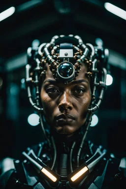 Cyborg, Potrait photo, Character ID=213342341219, Lush void, imperfection, natural lighting, cinematic, Fuji Film, Anamorphic lens, 2040s, deep depth of field, Solarpunk