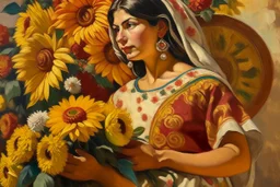 mexican woman with flowers in hand painting neoclassism whole body zoom the sun