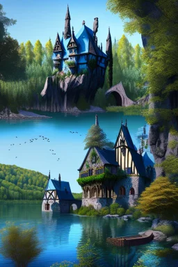 medieval gothic house built into a rock, lake, trees, arches, balconies, bridges, verandas, foliage, sunny blue sky