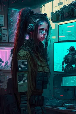 Cyberpunk girl in a room with five live video feeds from soldiers who she helps.