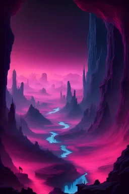 isualize a sprawling and desolate landscape within the neon-lit abyss, bathed in an eerie glow. Imagine jagged cliffs and mesmeric valleys that stretch endlessly, where distorted cyber sigils etch themselves into the very fabric of the environment. Introduce an unsettling haze that distorts the perception of distance, creating a disorienting and otherworldly panorama. In the distance, towering monoliths of a forgotten era pierce the chaotic neon-lit skyline. The ground is adorned with intricate