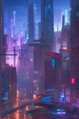 3D render of a cyberpunk city street, on a dark blue skyscrapes background, high detail, hyperrealistic, 4k, cinematic. digital art