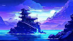 forgotten winter island, raging storms, secure outpost perched on a cliff overlooking the churning waters, nighttime, cyberpunk style