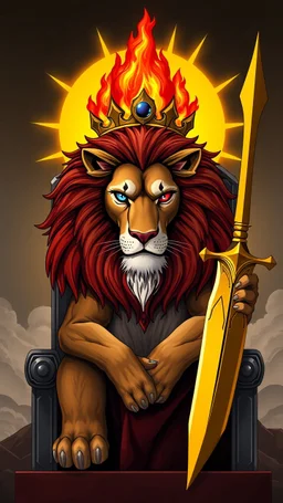 A lion sitting on a throne with one blue eye and one red eye, with a crown of fire on her head, a golden sword in her right hand, and a large sun behind her head.