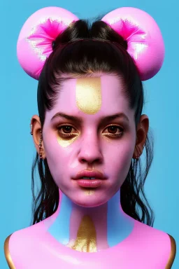 Ultra Realistic image, Rosalía artist, portrait, normal complexion, waist up portrait, two monkeys hair ,black eye long line, sweet face, t-shirt with holes, inflatable open coat, gold pink and blue style, spray glow make up, big geometric led jewelry, fog, hot, inflatable style latex coat, vibrant color, highly detailed, art stations, concept art, smooth, unreal engine 5, god rays, ray tracing, RTX, lumen lighting, ultra detail, volumetric lighting, 3d, finely drawn, high definition.