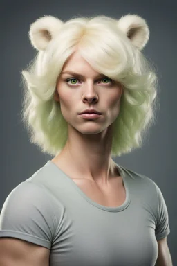 A portrait of an attractive stern polar bear gremlin with wig, shoulder-length blond hair tied in a tight knot, pale skin,light green eyes, muscular build, wearing grey t-shirt