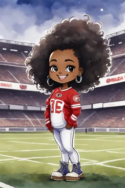 A sassy thick-lined watercolor cartoon image of a black chibi girl standing in front of a football stadium. She is wearing a Georgia Bulldogs football jersey with tight white jeans and timberland boots. behind her curvy body. Looking up coyly, she grins widely, showing sharp teeth. Her poofy hair forms a mane framing her confident, regal expression. Prominent makeup with hazel eyes. Hair is highly detailed.