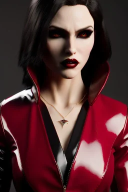 vampire, portrait from waist up, pale skin, latex and leather attire, crimson eyes, fangs,intricate eyeliner, vibrant eyeshadow, clear completion, soft lighting, 4k resolution, intricate details, insanely detailed, colorful cityscape background, masterpiece, expert, cinematic smooth, retroanime style, realistic details, no helmet