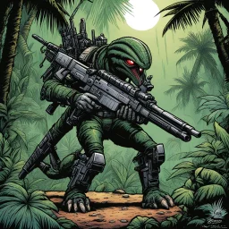 hidden predator [illustration by Kevin Eastman and Peter Laird] in the jungle tactic squadron member trained to kill PREDATORS, helicopterus alien with a lot of mini guns