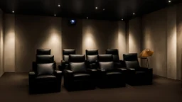 home cinema room, recliners, ambient lighting, warm environment