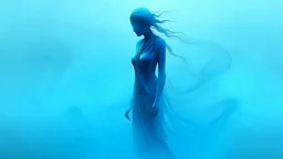 wispy ambiguous ominous figure in the misty blue haze, wallpaper background