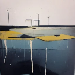 Minimal abstract oil paintings desolate 1960s carpark concrete fragments in a rain storm. style of Justin Mortimer and Francis Bacon. road markings.