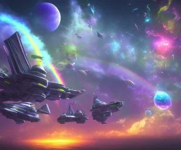 cielo cosmico insieme al mondo fantasy, astronavi tra le stelle prati pieni di fiori colorati,(arcobaleno) con un castello con piscine e cascate