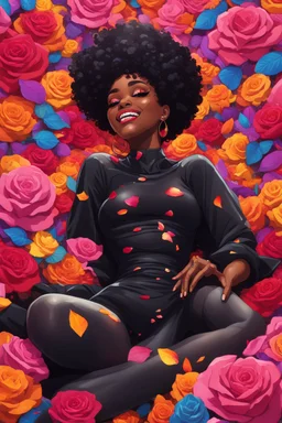 A sassy pop punk futurism art cartoon of a black female lounging lazily on her side, surrounded by colorful roses flower petals. Looking up coyly, she grins widely, showing teeth. Highly detailed black afro , regal expression.