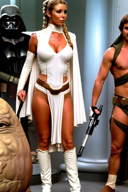 [Jody Banks, The Fall Guy, Heather Thomas] Jody Banks, in princess Leia's slave costume of the Return of the Jedi, close to Jabba the Hutt.