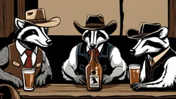 Anthropomorphic American badger wearing a cowboy hat and having a drink at the saloon with his other anthropomorphic animal buddies. Illustration.