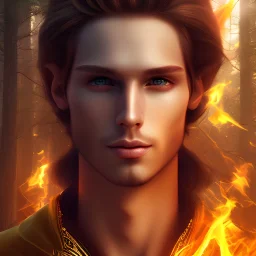 Male, Human, Blond, Sorcerer, Fire Mage, Golden Eyes, Young, Photorealism, Full Body Shot, Forest Background