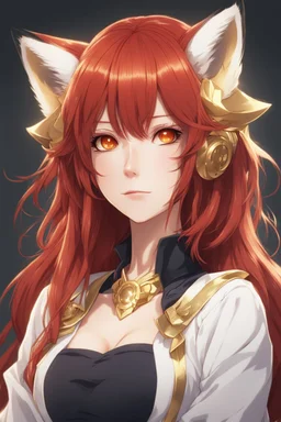 An anime adult female with red hair and gold eyes, fox ears