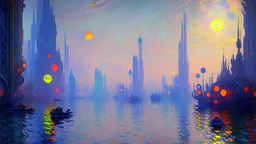 Space fururistic city, lake, Sci-fi, concept art, Konstantin korovin and claude monet painting