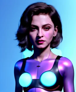 Artist, young madonna, android woman, sweet, black short hair, white skin, long eyeliner, contour make-up, color leds lights, short hair, circuits, cyberpunk, latex coat, feather, cyber punk, neon, cables, portrait, studio photo, unreal engine 5, soft color, 16 bit, god lights, ray tracing, RTX, lumen lighting, ultra deatail, volumetric lighting, 3d, finely drawn, hd.