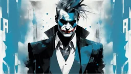 aesthetic, painterly style, modern ink,front face, joker man , blue, sensual, sultry, dark blouse, expressive pose, urbanpunk, abstract texture multilayer background, neo-expressionist , Russ Mills, Ian Miller