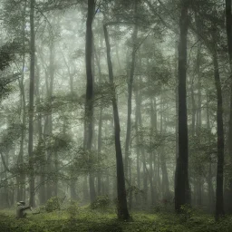 an old man is floating in the middle of the image in a misty forest in spring at sunrise with warm light rays, highly detailed, intricate, 8k, unreal engine, cinematic, vibrant, colorful, ultra high resolution