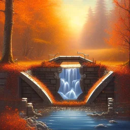 fantasy art, book illustration, close up of beaver building a dam under a bridge ,autumn water, icy frame