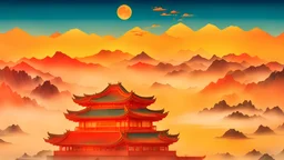 a painting of a chinese building, a detailed matte painting by Pu Hua, shutterstock contest winner, cloisonnism, matte background, hellish background, rich color palette