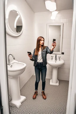 Generate a high-quality lifelike portrait of a {{18,21,25,28,31,34,37}}-year-old female social media inflluencer taking a cellphone selfie in the bathroom mirror. The POV should be from the perspective of the woman taking the selfie. She should have a slender body and be wearing skin-tight and very thig gym clothes. Her long black curly hair should be styled in a whimsical way. The photo should be captured using a 35mm film with a macro shot and shallow depth of field to create a bokeh effect. P