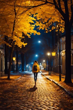 night yellow lights over the street trees autumn leaves under feet ,a Student adult girl with books in her hand walking in street turned back to talk to a boy walks after her few meters away her back