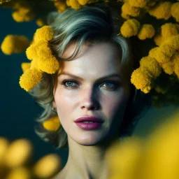 eva herzigova underwater with yellow flowers for hair, closed eyes, rtx, reflection, 8k, glow, winning photography, caustics