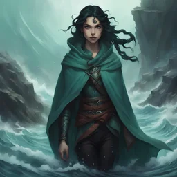 dungeons and dragons; human; female; warlock; the fathomless; black hair; braids; sea green eyes; cloak; scars; young; sea clothes; sea monsters; deep water
