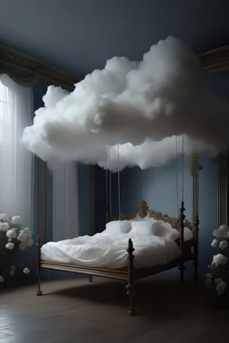 A bed made of clouds, tulle, organza, lanterns, ivy, flowers floats across the sky on a cloud ::above the bed there is a canopy made of long white tulle:: top view. The whole object is in the frame. a deep perspective. the panorama. ink drawing with a thin pen. In the style of Thomas Kincaid:: intricate, filigree. very pale pastel painting.