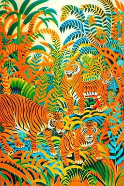 An orange colored mechanical jungle with devilish tigers designed in Navajo baskets painted by Henri Matisse