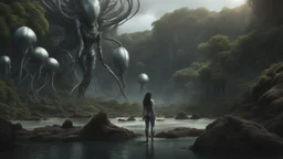 Wide-angle shot of a woman, standing on the right on an alien beach, with dark hair in a silver robotic catsuit, many floating aliens with long tentacles, alien jungle trees in the distance detailed matte painting, deep colour