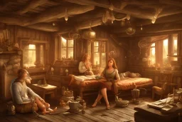 4 Adventurers Resting in tavern beds, fantasy, high detail, light rays, hearth fire