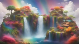 A cascading waterfall that flows in all colors of the rainbow, surrounded by clouds and floating islands