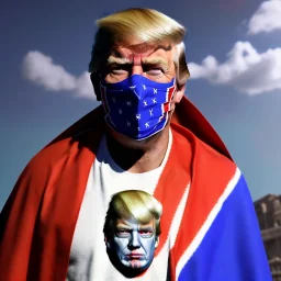 realistic image of donald trump as a mexican wrestling fighter posing outdoors, Mexican eyes wrestling mask, red and blue breeches, confederate flag cape, retro style, 80s, vibrant color, highly detailed, sky background, concept art, unreal engine 5, god rays, ray tracing, RTX, lumen lighting, ultra detail, volumetric lighting, 3d, finely drawn, high definition, high resolution.