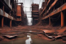 your creativity versus my imagination, tectonic cityscape clove, arafed remnants of a forgotten forbidden former river of clueless rust, |steel hot, puṣkaracūḍa, made of scrap metal and rusty wires, great verticals, perfect parallels, industrial vibe, police juxtaposition