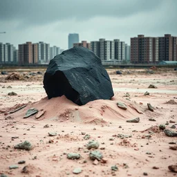 Photograph of outskirts of a city, ominous and odd black ireegular stone rises from the earth, details of the stone very accentuated, brutalist style, aftermath, liquid, powder, pastel colors, shot on Hasselblad, minimaximalist, detailed, 8k, museum, deep 3d field