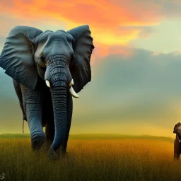 elephant standing in field of grass, trees, sunset, profile, mist, peaceful dynamic lighting hyperdetailed photorealistic detailed matte painting 8k resolution panorama diffuse light