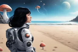 Slim woman with black hair in a space suit, looking out over a sandy beach next to a sea, with flying mushrooms with tentacles.