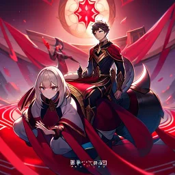 anime girl and boy riding.on a red magic carpet.